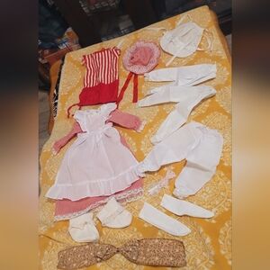 Vintage 60's Doll Dress And Bonnet With Accessories Red And White Checkered